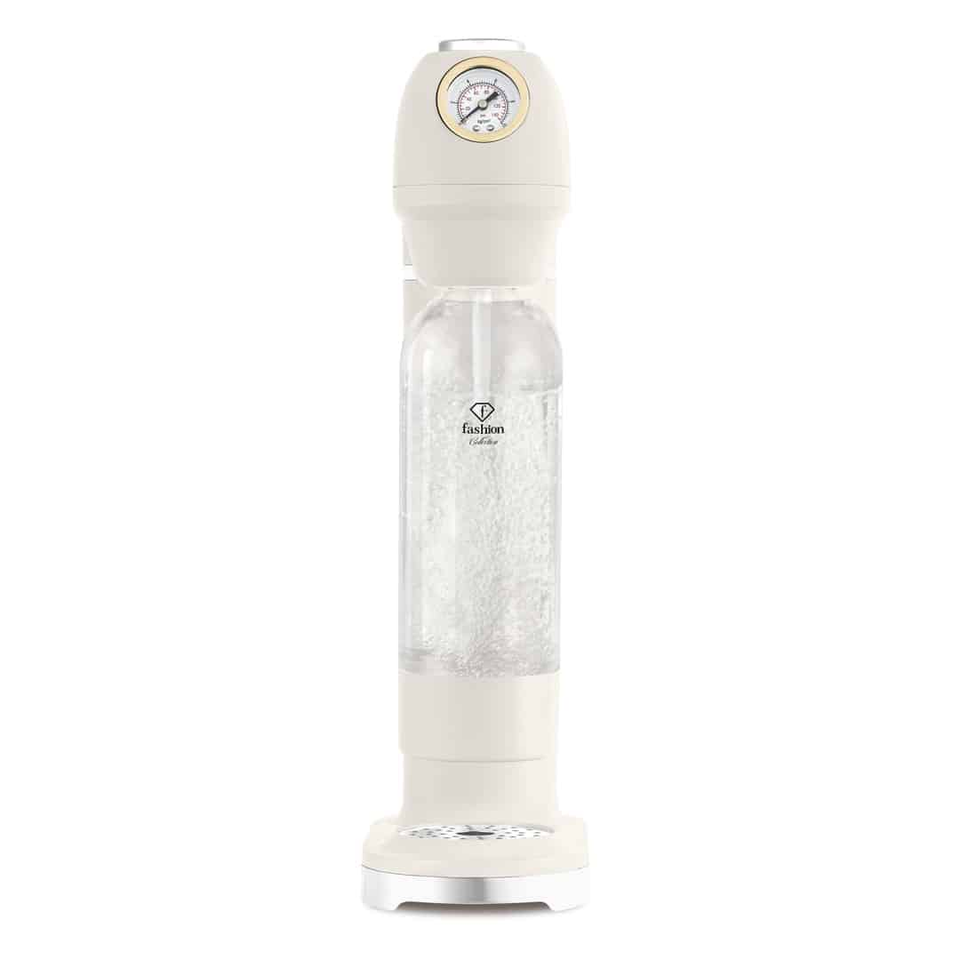 Cream-colored soda siphon with a round pressure gauge on top and a clear carbonating bottle, standing upright for sparkling water.