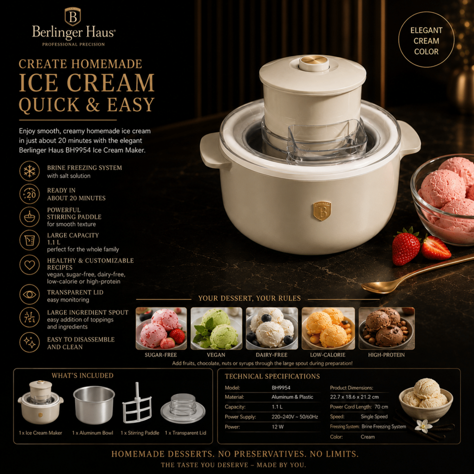 Berlinger Haus BH9954 Ice Cream Maker 1.1L Cream – Homemade Frozen Desserts