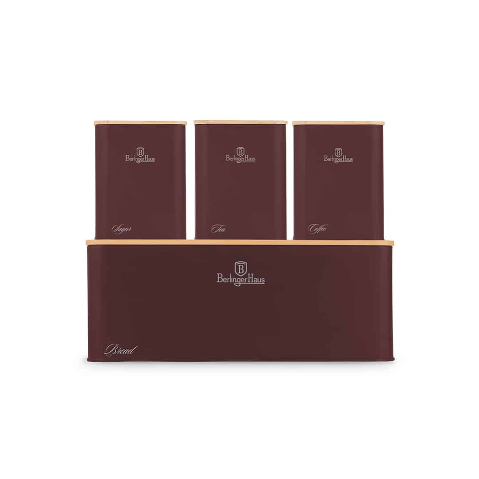 Berlinger Haus burgundy canister set with three tall labeled containers on a wooden rack and a matching bread box.
