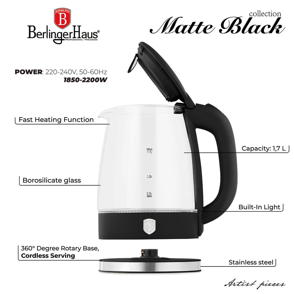 Electric Glass Kettle 1.7L 2200W Matte Black – Berlinger Haus BH9816