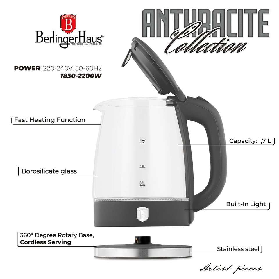 Electric Glass Kettle 1.7L 2200W Matte Anthracite – Berlinger Haus BH9815