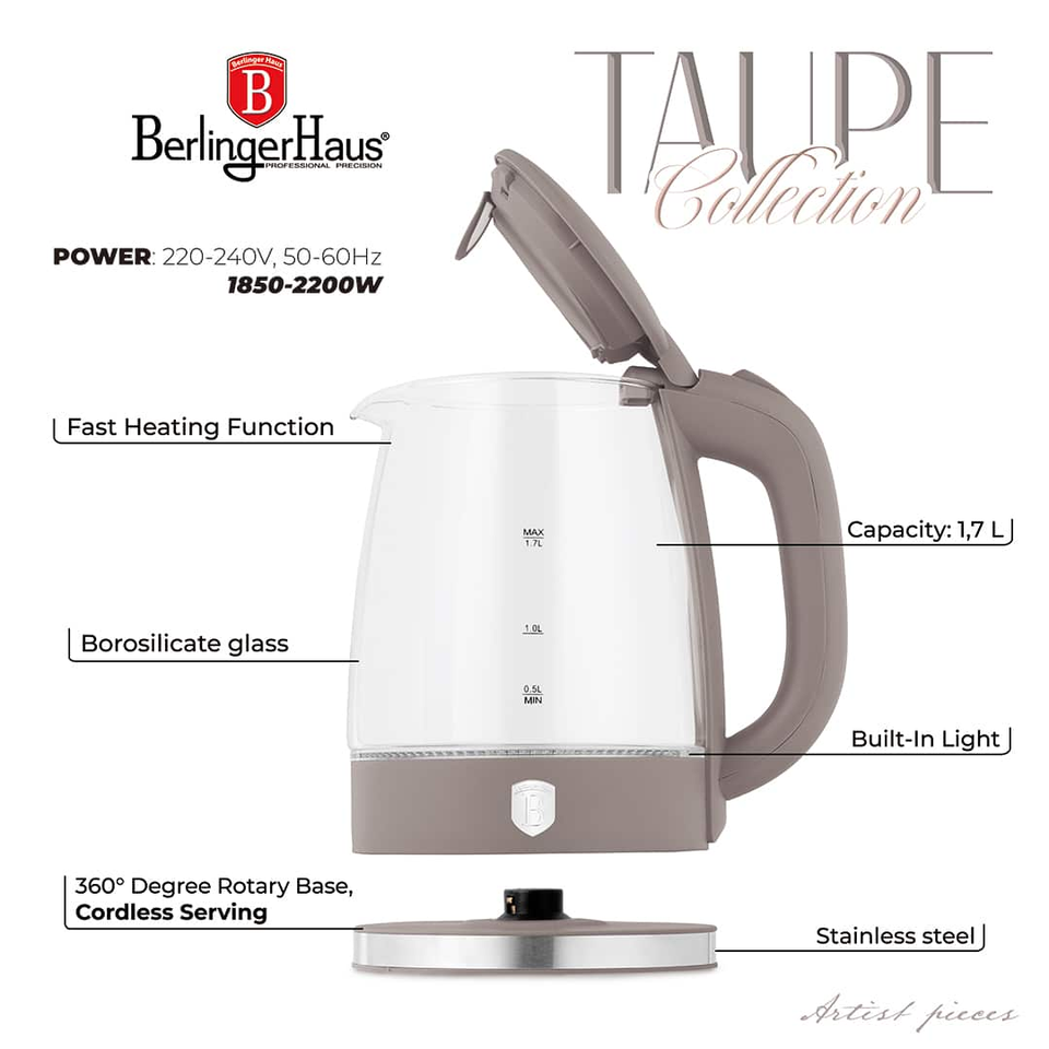 Electric Glass Kettle 1.7L 2200W Matte Taupe – Berlinger Haus BH9814