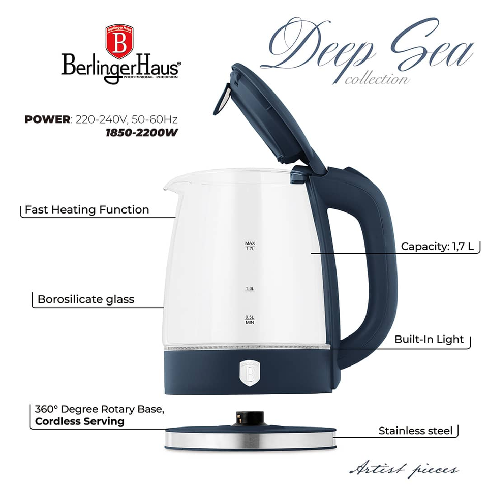 Electric Glass Kettle 1.7L 2200W Matte Blue – Berlinger Haus BH9813