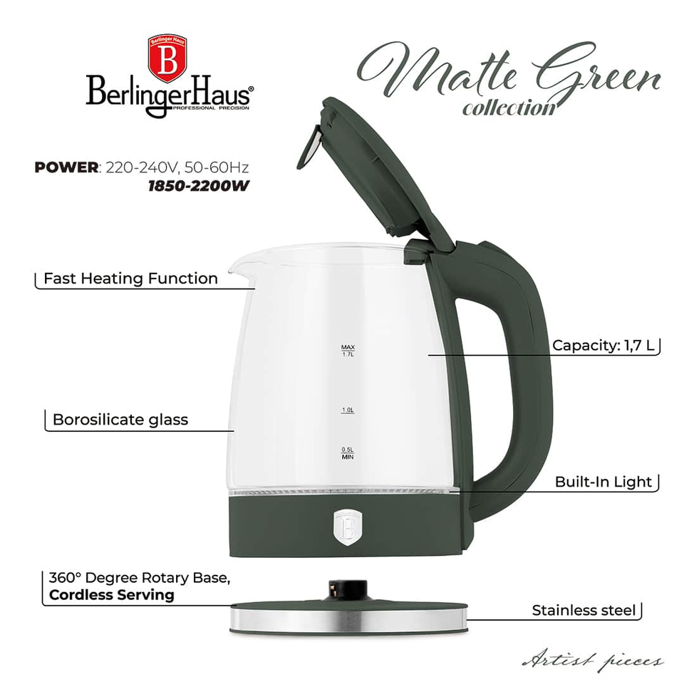 Electric Glass Kettle 1.7L 2200W Matte Green – Berlinger Haus BH9812