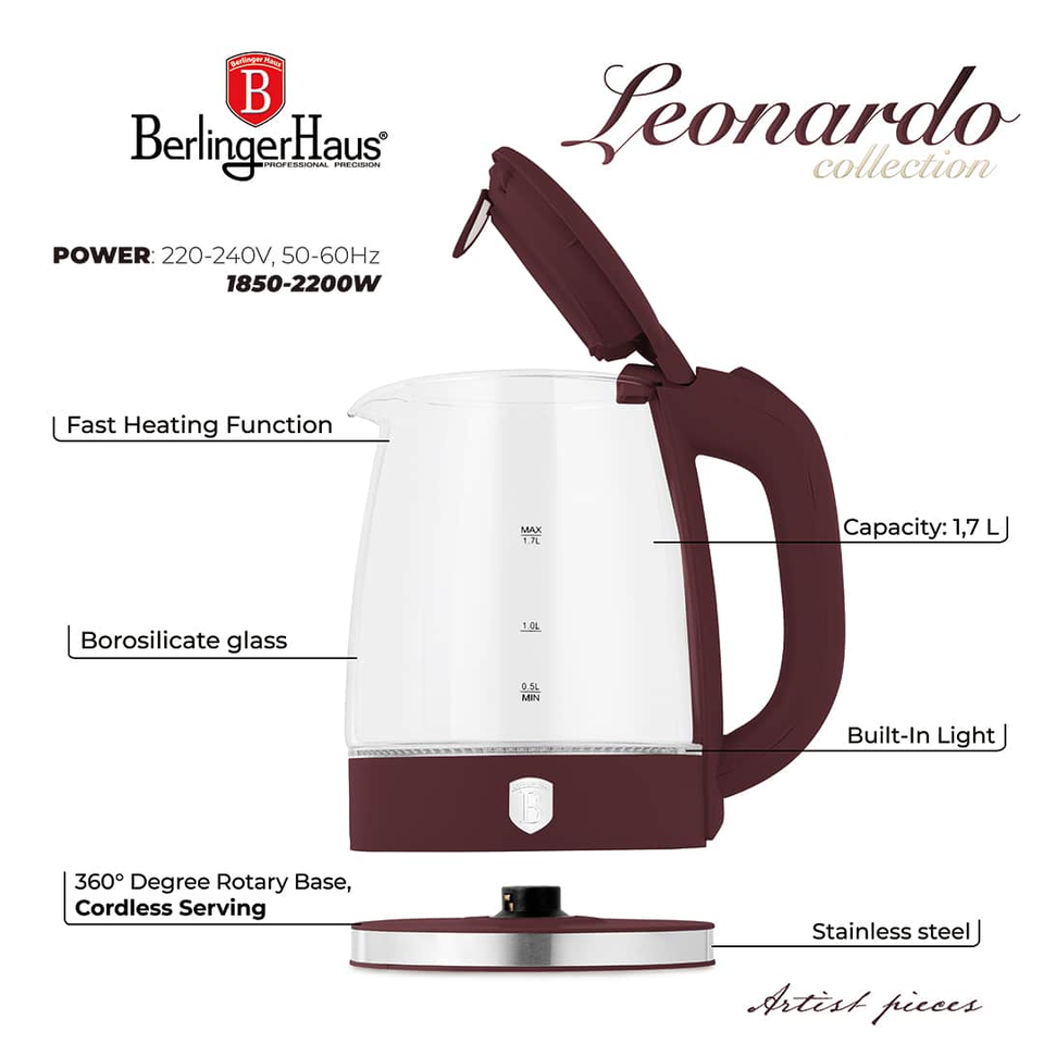Electric Glass Kettle 1.7L 2200W Matte Bordeaux – Berlinger Haus BH9811