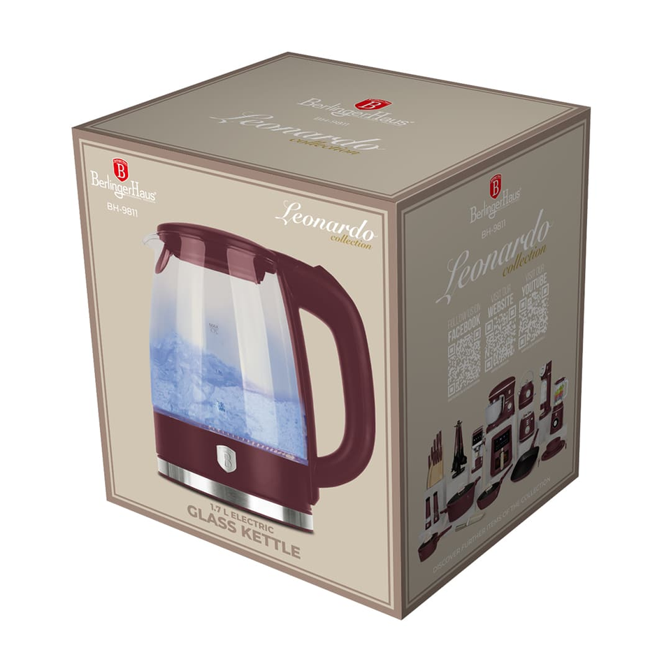 Electric Glass Kettle 1.7L 2200W Matte Bordeaux – Berlinger Haus BH9811