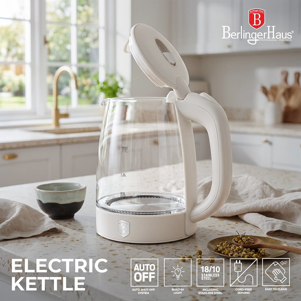 Electric Glass Kettle 1.7L Matte Cream 2200W – Berlinger Haus BH9322