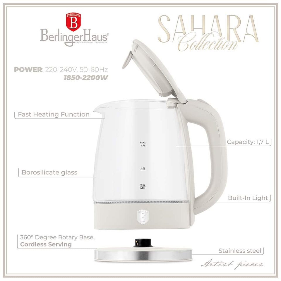 Electric Glass Kettle 1.7L Matte Cream 2200W – Berlinger Haus BH9322