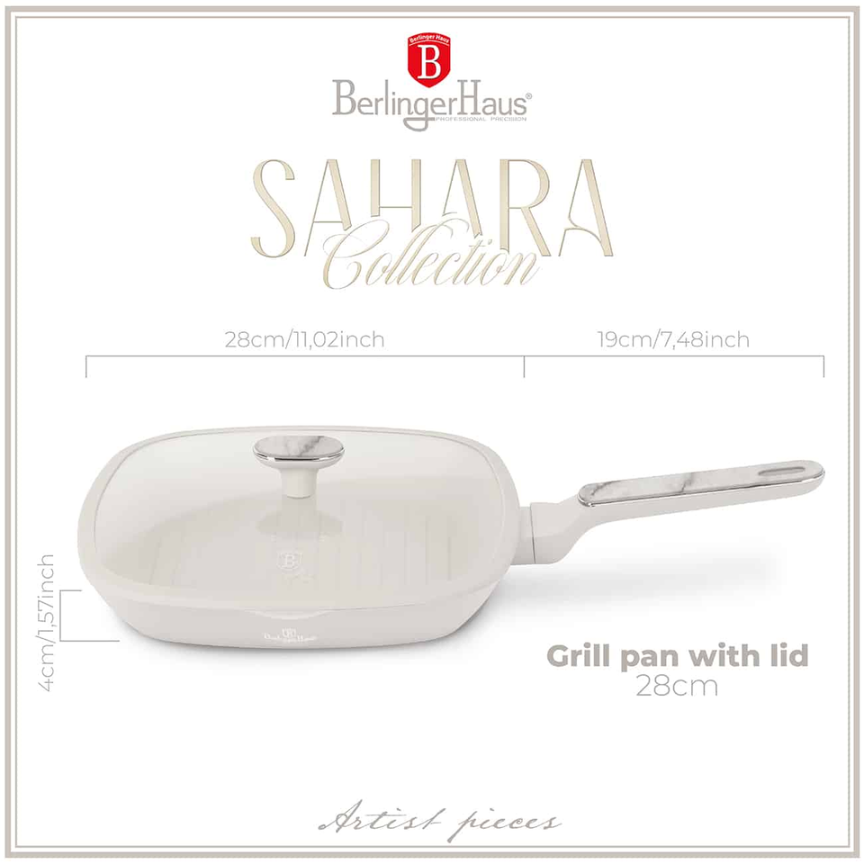 Berlinger Haus BH8393 – Grill Pan with Lid 28 cm | Sahara Marble Collection