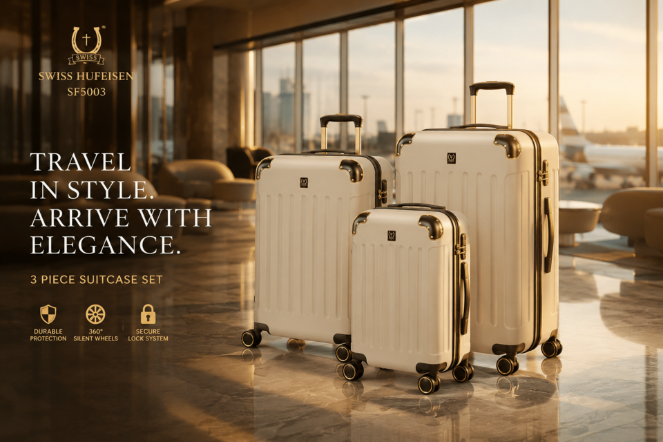 3 Piece Suitcase Set Swiss Hufeisen SF5003 | Cream & Gold