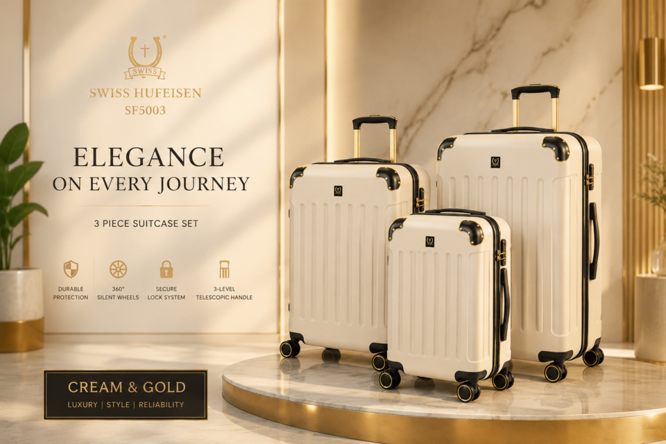 3 Piece Suitcase Set Swiss Hufeisen SF5003 | Cream & Gold