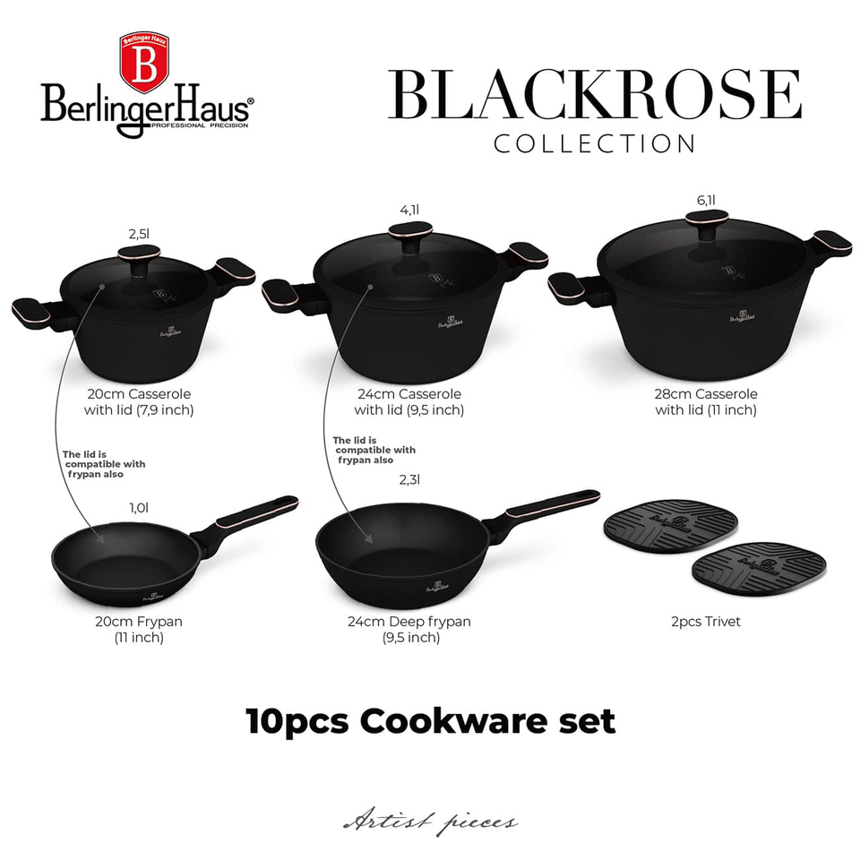 10 pcs Cookware Set Berlinger Haus BH8362 – Black Rose