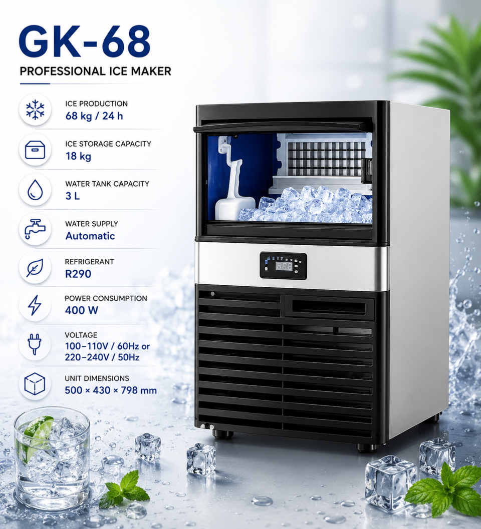 GK-68 professional ice maker with interior ice chamber and a left-side feature list (68 kg/24 h production, 18 kg storage, 3 L water tank, automatic, R290, 400 W, 100–110V/60Hz or 220–240V/50Hz, 500×430×798 mm).