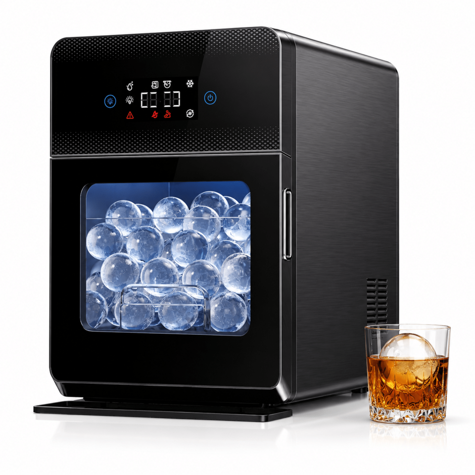 Modern black ice maker with a clear ice bin, placed beside a glass of whiskey.