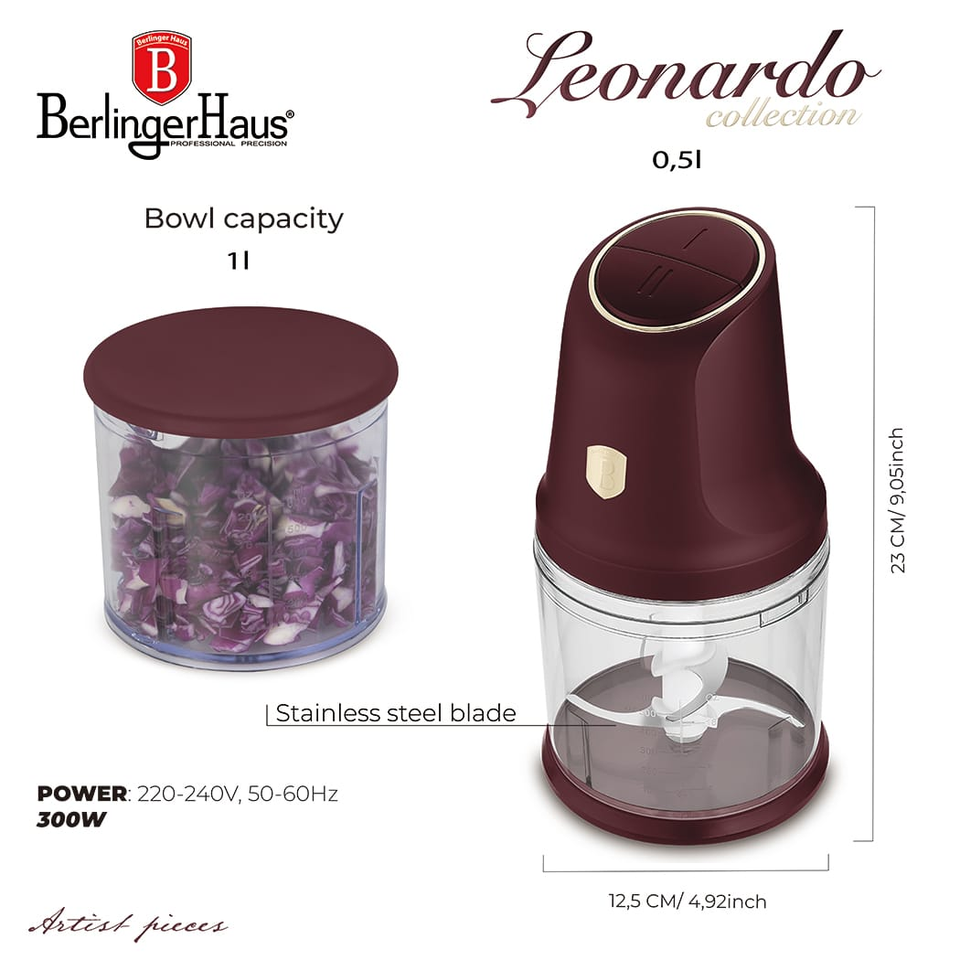 2-in-1 Food Chopper 300W 1L Bordeaux – Berlinger Haus BH9890