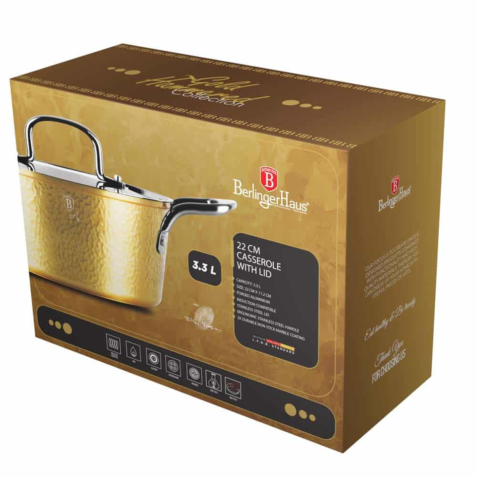 Casserole with lid,22 cm Berlinger Haus BH8010 Hammered Gold