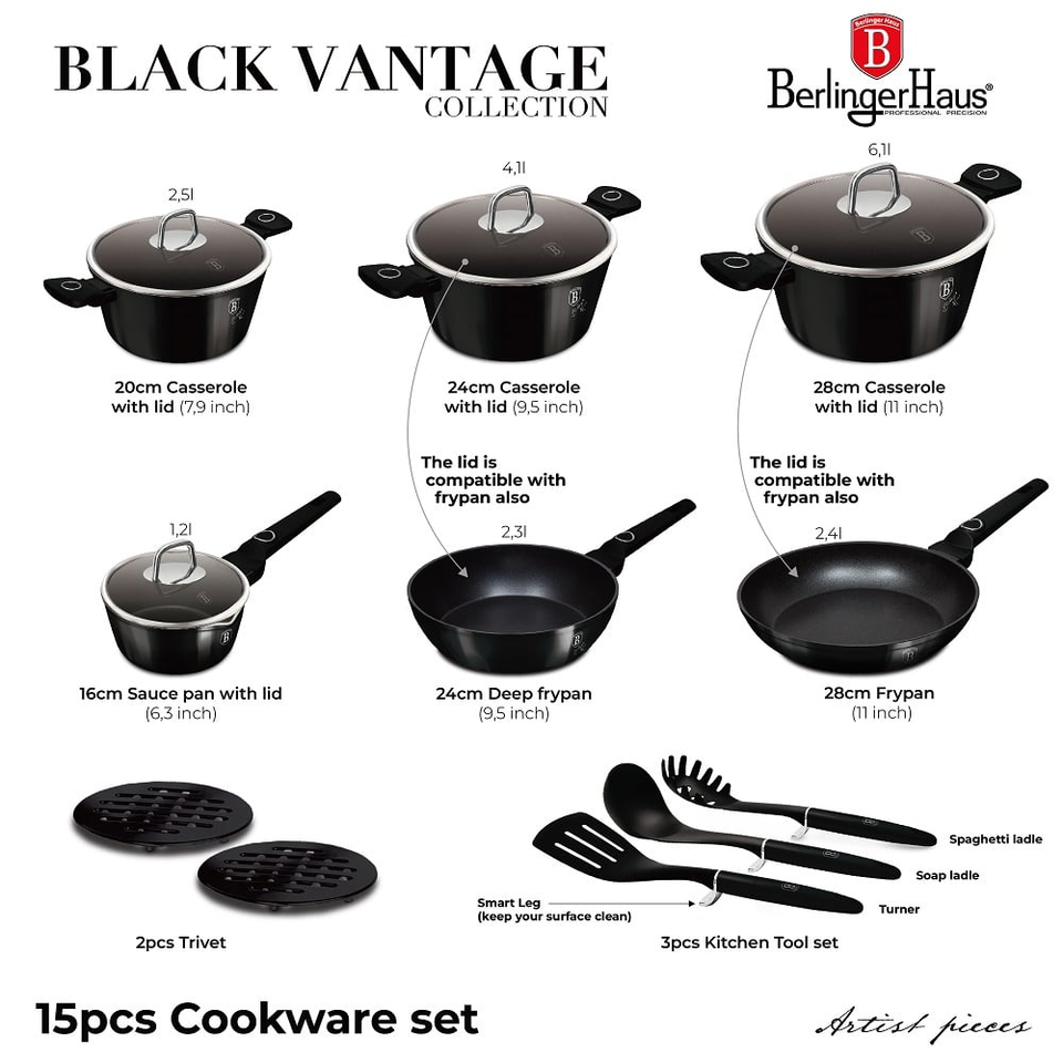 15 pcs cookware set Berlinger Haus BH8232 Black