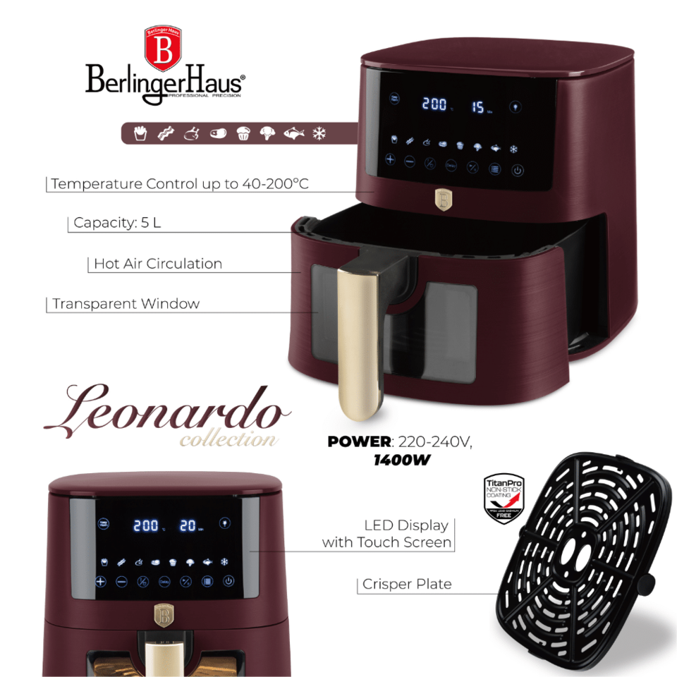 Air fryer, 5 L,visible window Berlinger Haus BH9489 Leonardo