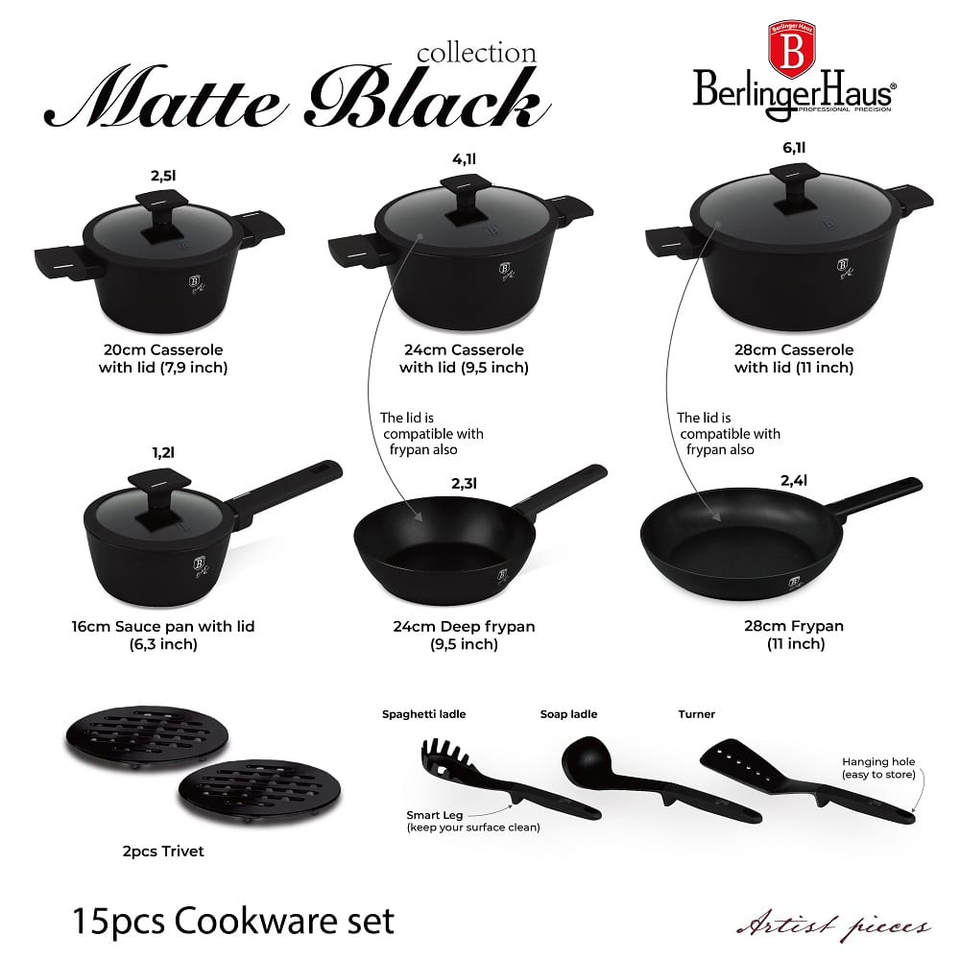 15 pcs cookware set Berlinger haus BH8198 Matte Black