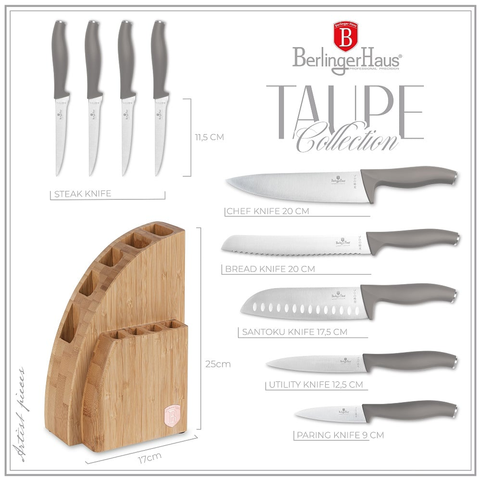 10 pcs knife set with BAMBOO stand Berlinger Haus 3122 Taupe