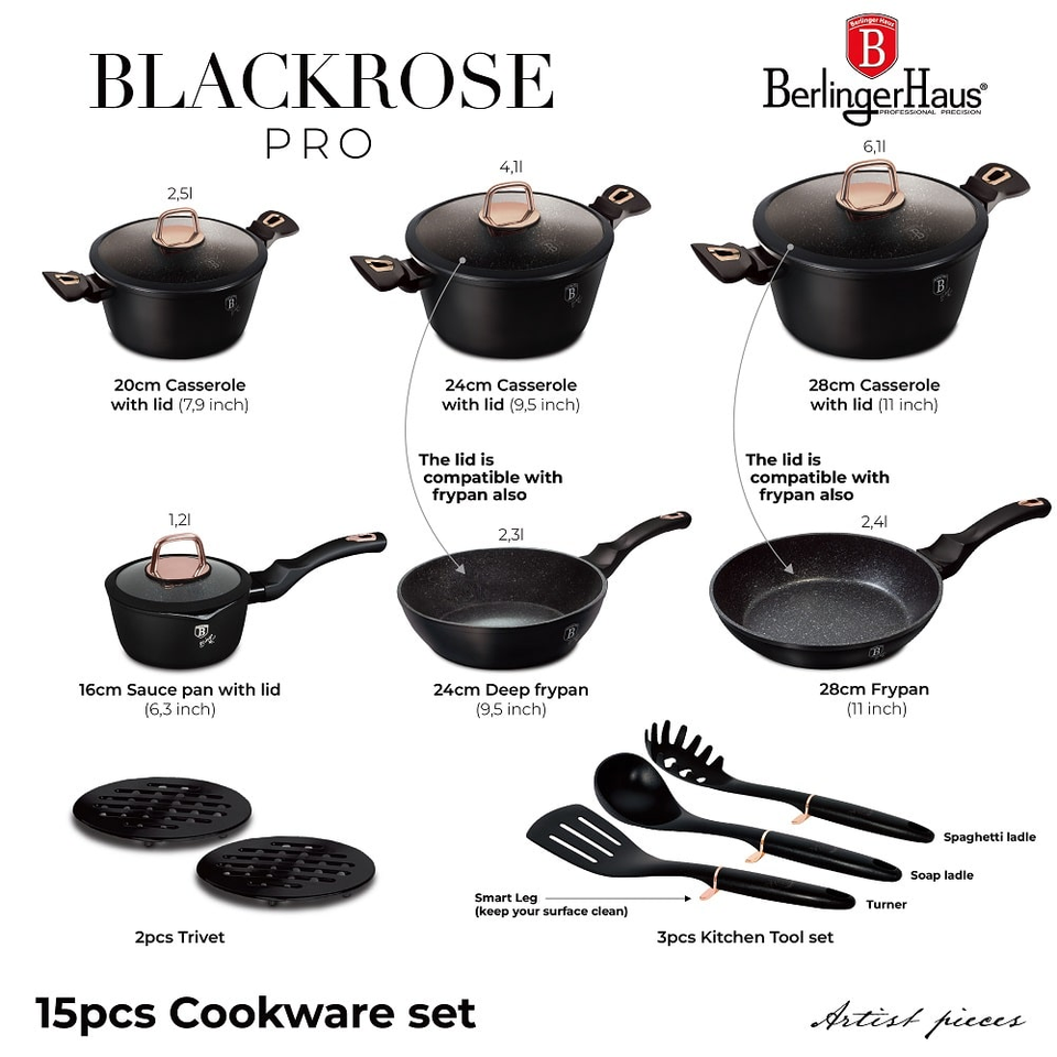 15 pcs cookware set Berlinger Haus BH8234 Black Rose