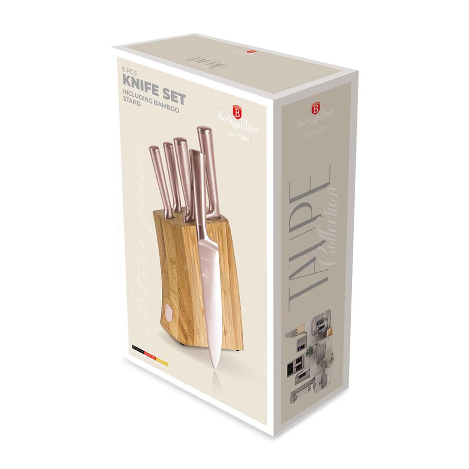 Boxed 6-piece knife set with wooden block and pinkish handles, labeled 'Knife Set' on beige packaging