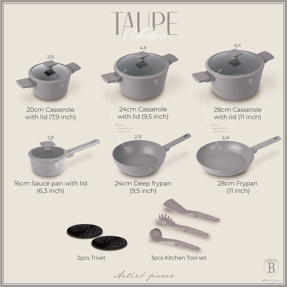 15 pcs cookware set,Berlinger Haus BH8111, Taupe Collection