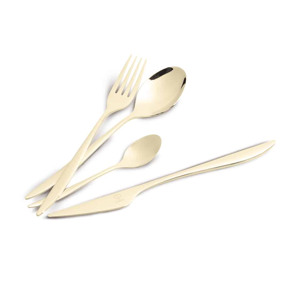 Gold-toned fork, spoon, and knife arranged on a white background.