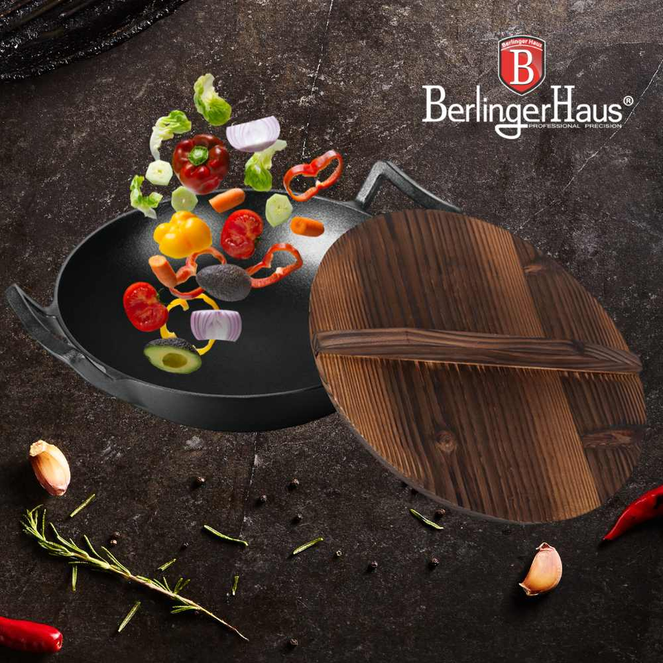 Wok Cast Iron with Wooden Lid, 30 cm, Berlinger Haus LP-BH 190