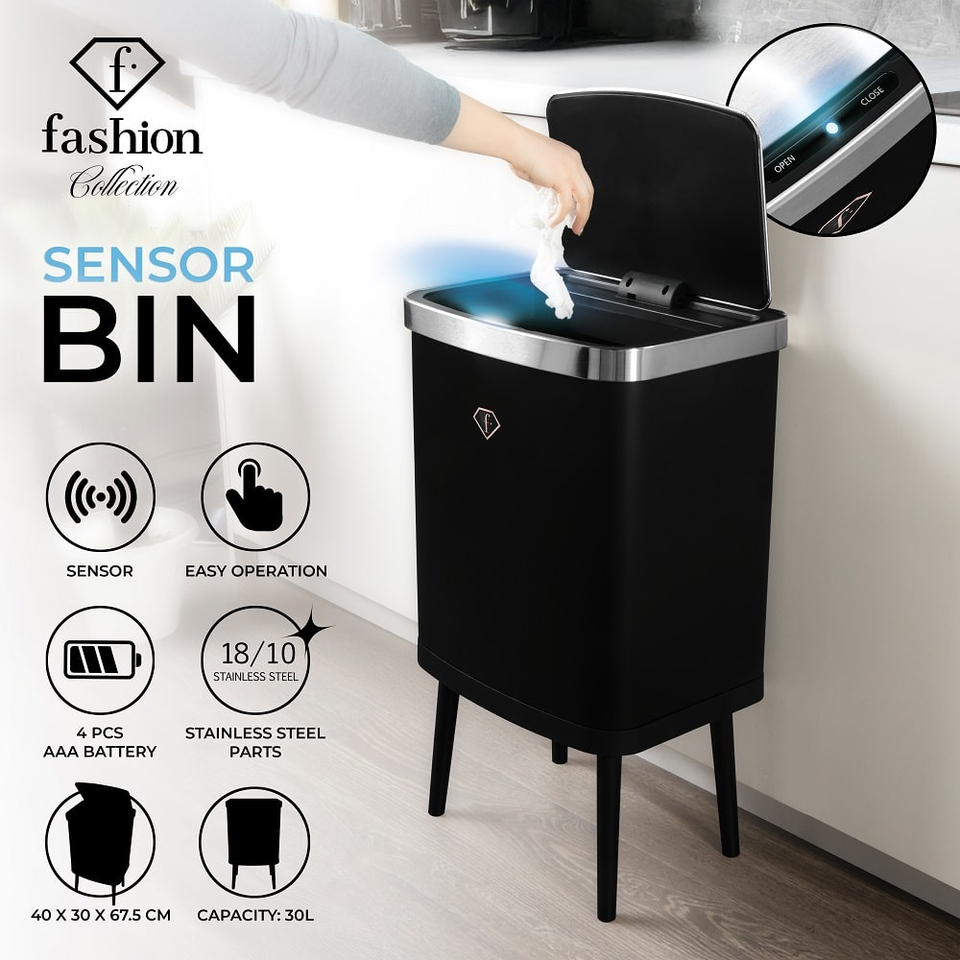 Smart Sensor Trash Bin 30L FTV0152 – Touchless Luxury Design, Black–Rose Gold | Fashion by Berlinger Haus