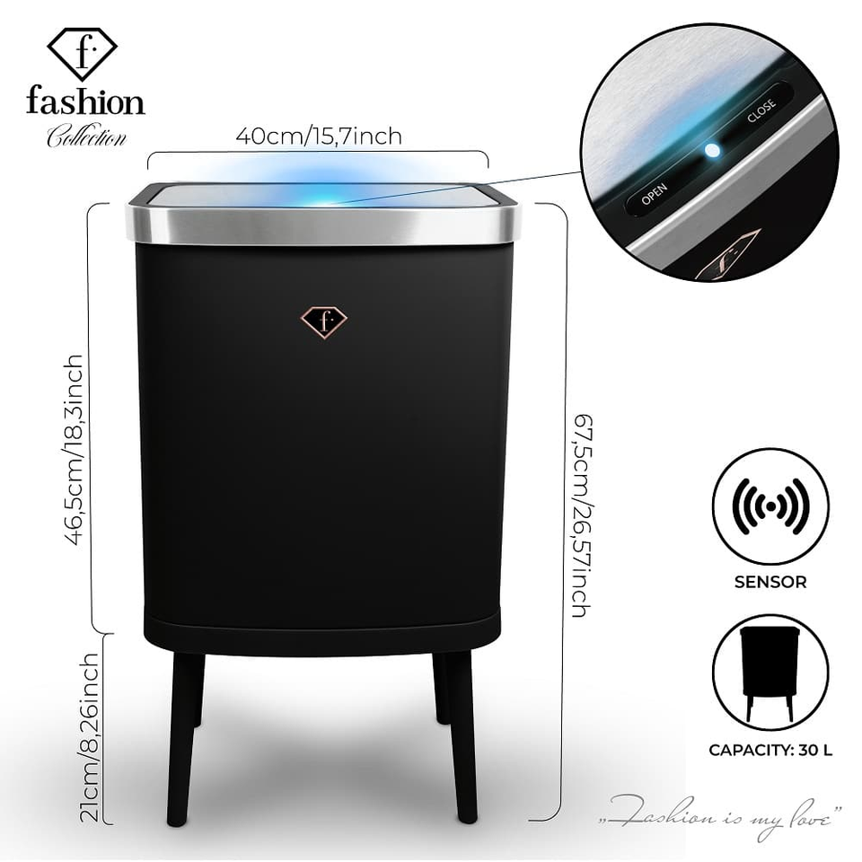 Smart Sensor Trash Bin 30L FTV0152 – Touchless Luxury Design, Black–Rose Gold | Fashion by Berlinger Haus
