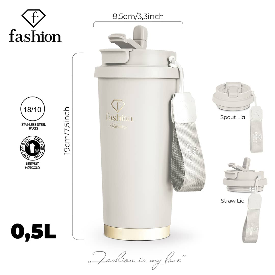 White 0.5L stainless steel shaker bottle from the Fashion Collection with a beige bottom, strap, and three lids (spout, straw, and cap).