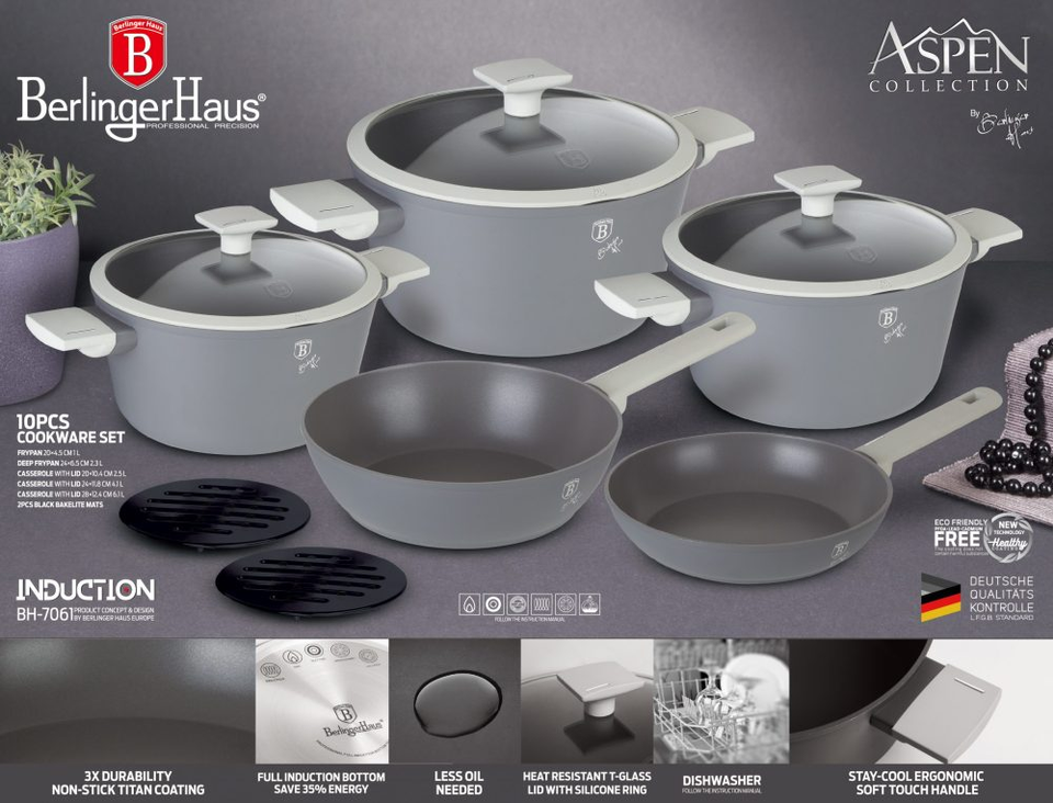 Matt grey Aspen 10 Piece Cookware set Berlinger Haus BH7061