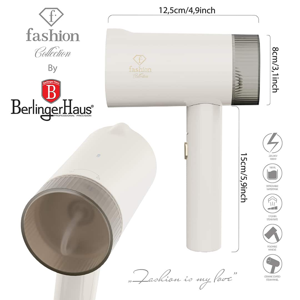 Foldable Handheld Steamer FTV0126 – Cream–Gold | 1000W Portable Garment Steamer | Fashion by Berlinger Haus