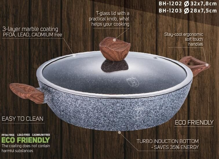 Shallow non-stick pot with triple marble finish and glass lid, 28 cm, Berlinger Haus BH-1203