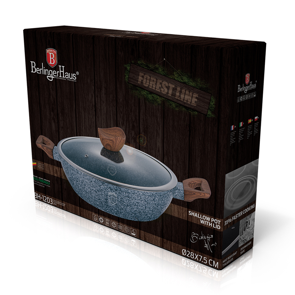Shallow non-stick pot with triple marble finish and glass lid, 28 cm, Berlinger Haus BH-1203