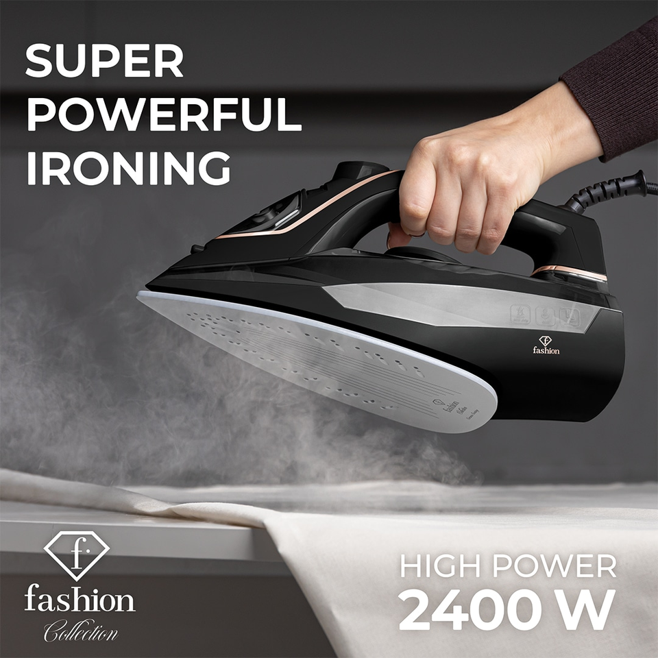 Steam Iron with Ceramic Soleplate 2400W – Black–Rose Gold | Fashion by Berlinger Haus | FTV0123